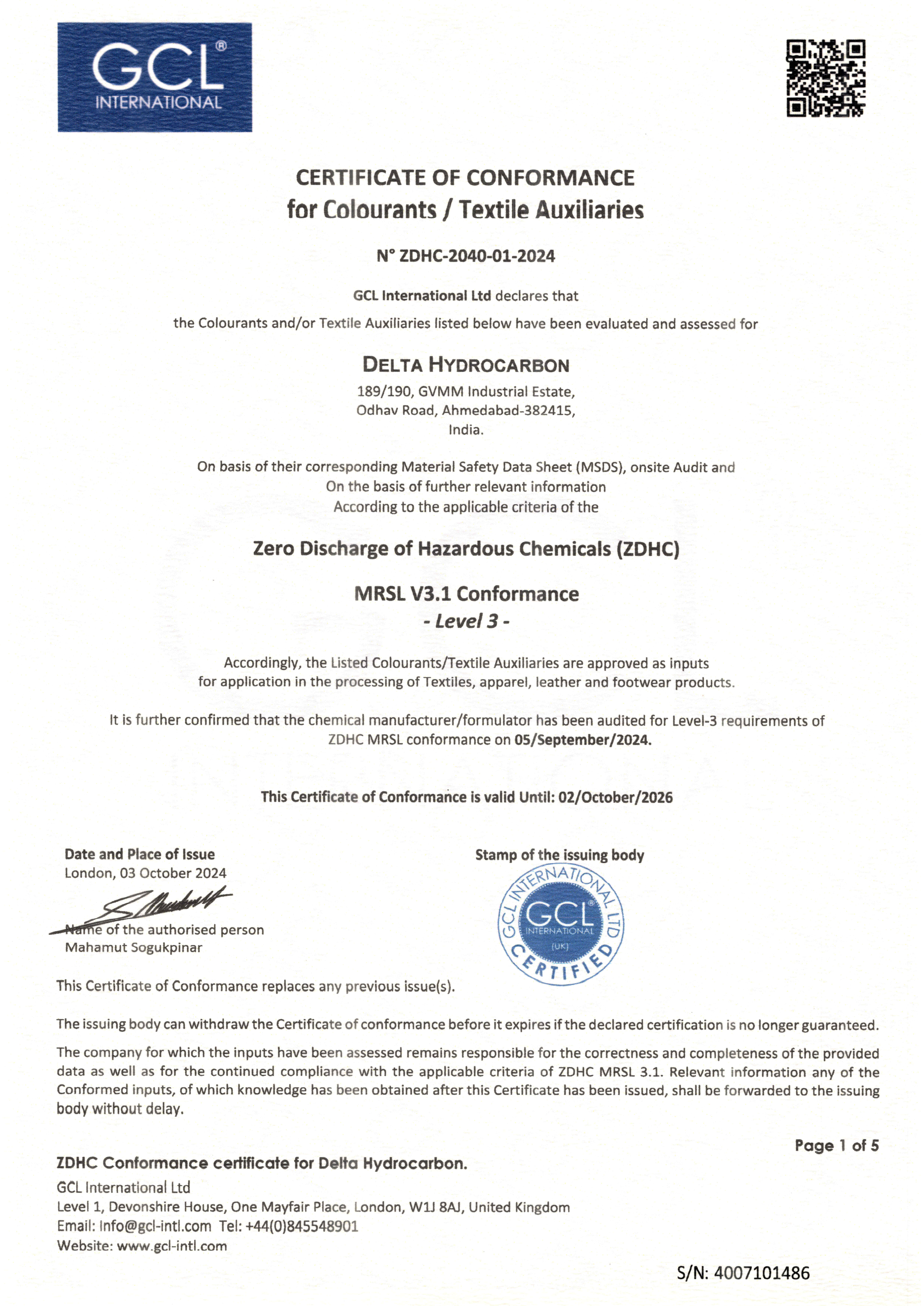 (ZDHC) Certificate of Conformance Scan